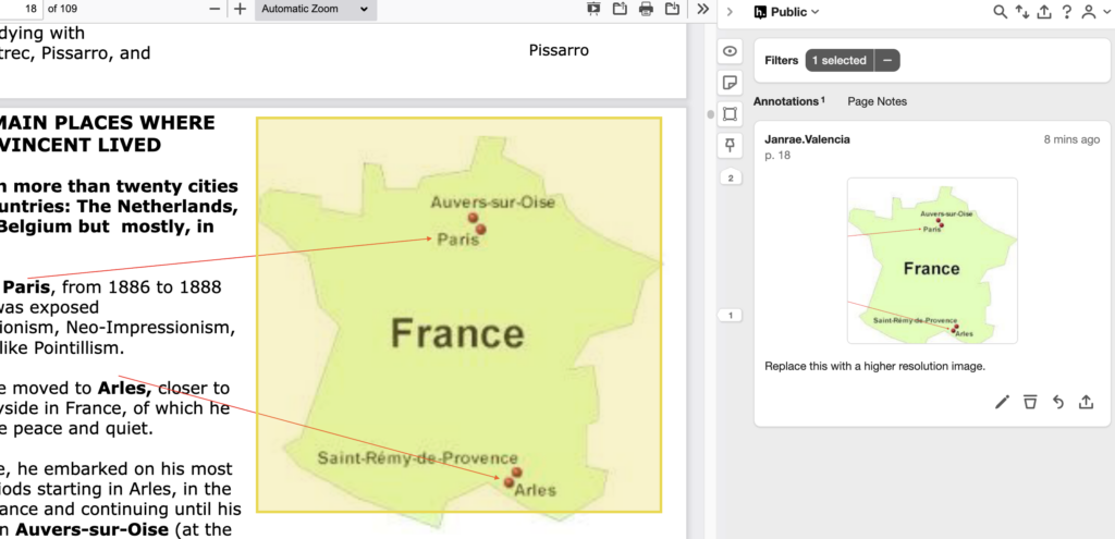 It shows the annotation card in the Hypothesis sidebar displaying a preview of the selected area using the rectangle selection tool along with a saved annotation.
